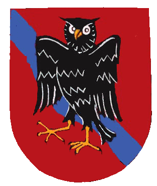 Das Wappen von Libertatis, eine schwarze Eule vor einem Blauen BAch, auf rotem Grund.